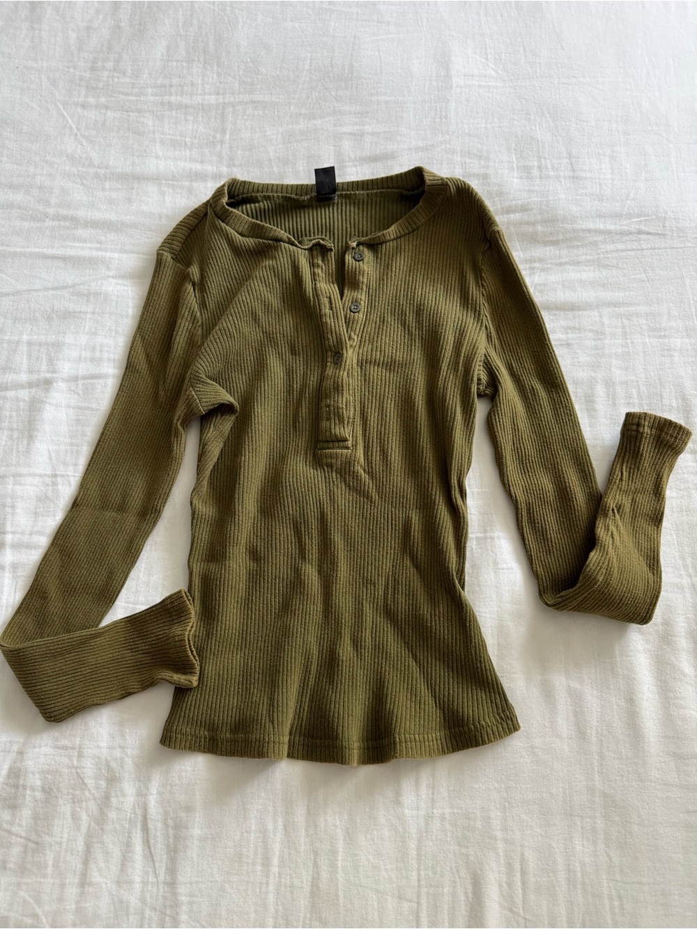 Olive Ribbed Henley Long-Sleeve Sweater